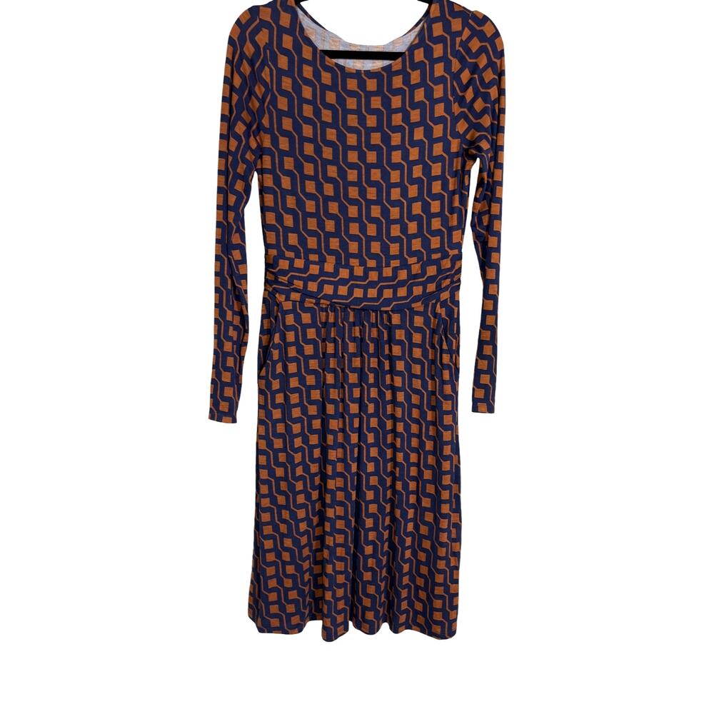 Boden Geometric Print Long Sleeve Midi Dress Blue Rust US 6R Pockets NWT